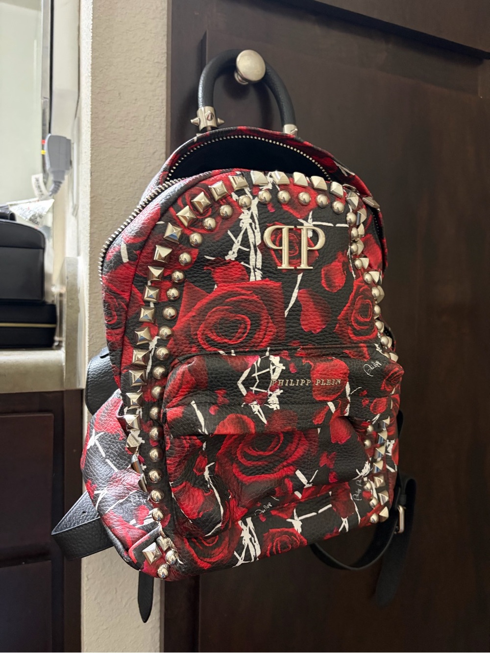 Philipp Plein Red & Black Rose Studded Mini Backpack